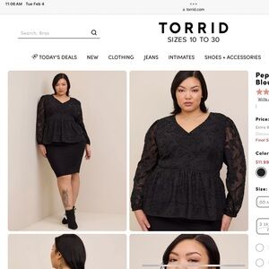 Torrid 
Peplum chiffon clip floral blouson sleeve top
Color Black
Size 2X 18-20